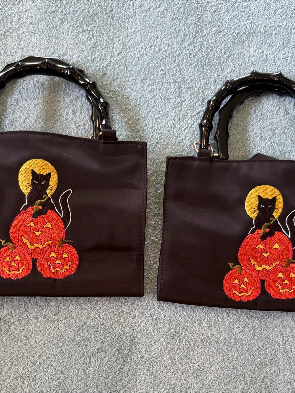 Set of Two Vintage Tiannl Halloween Black Cat Handbag Embroidered Pumpkin Purses